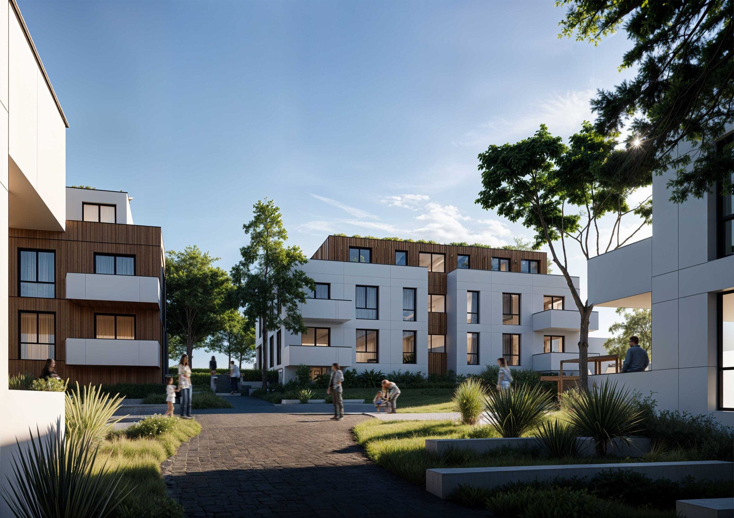 Modern multistory apartment buildings with landscaped grounds and residents walking outdoors