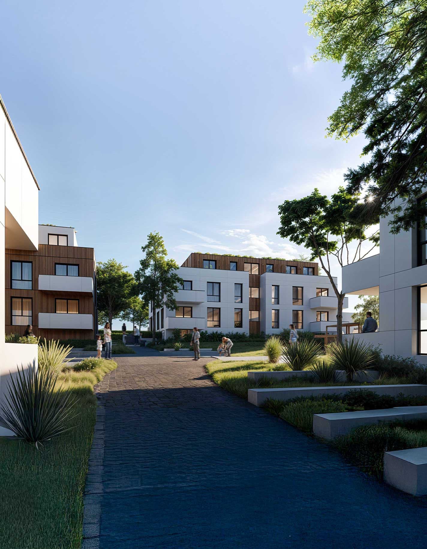 Modern multistory apartment buildings with landscaped grounds and residents walking outdoors