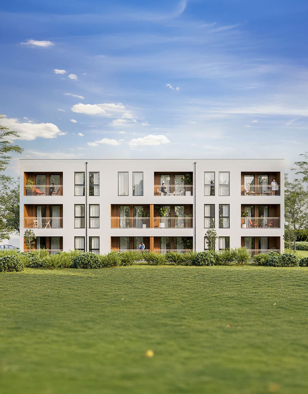 Modern multistory senior housing community with landscaped outdoor areas