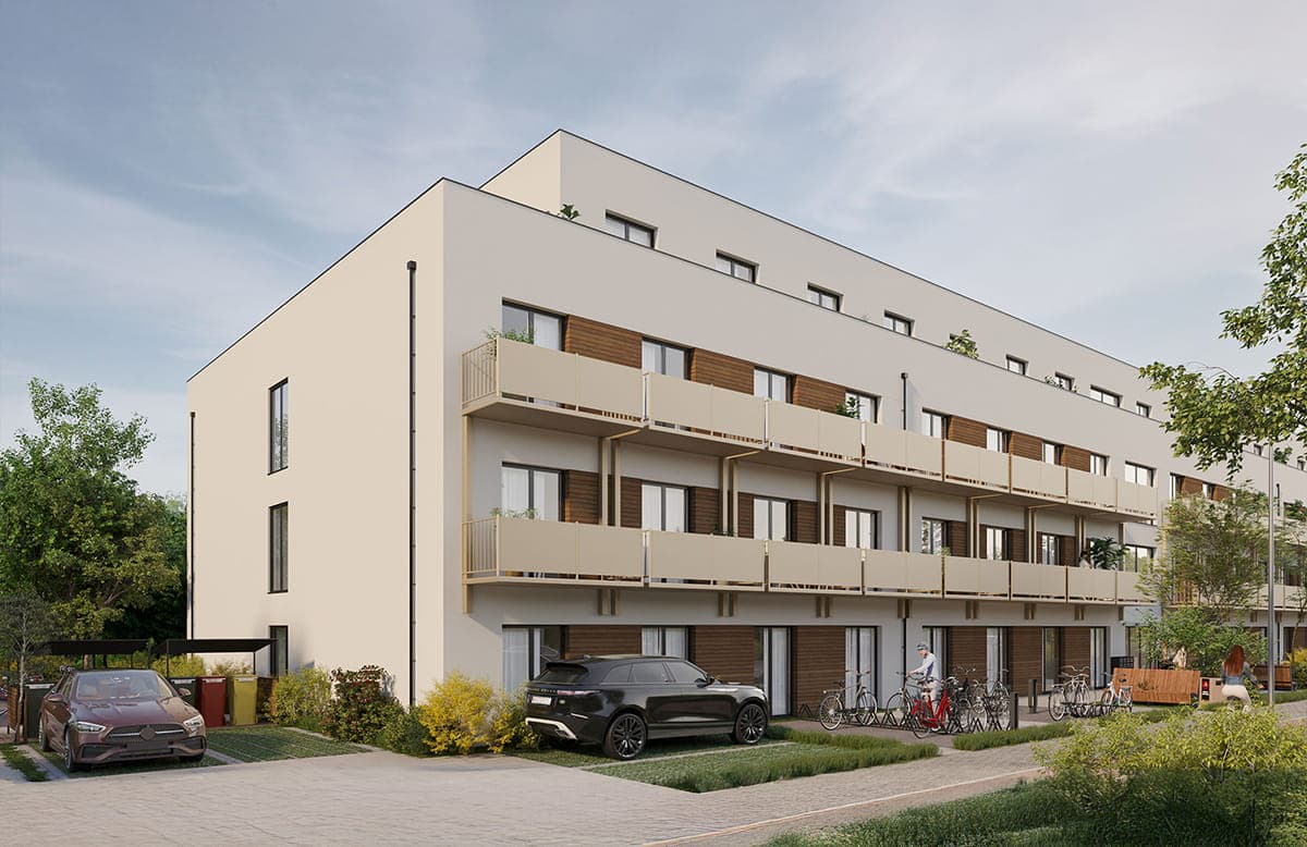 Micro apartments building facade with putz and wood finish