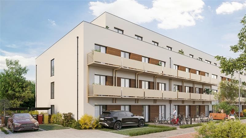 Sustainable multistory micro apartment development exterior