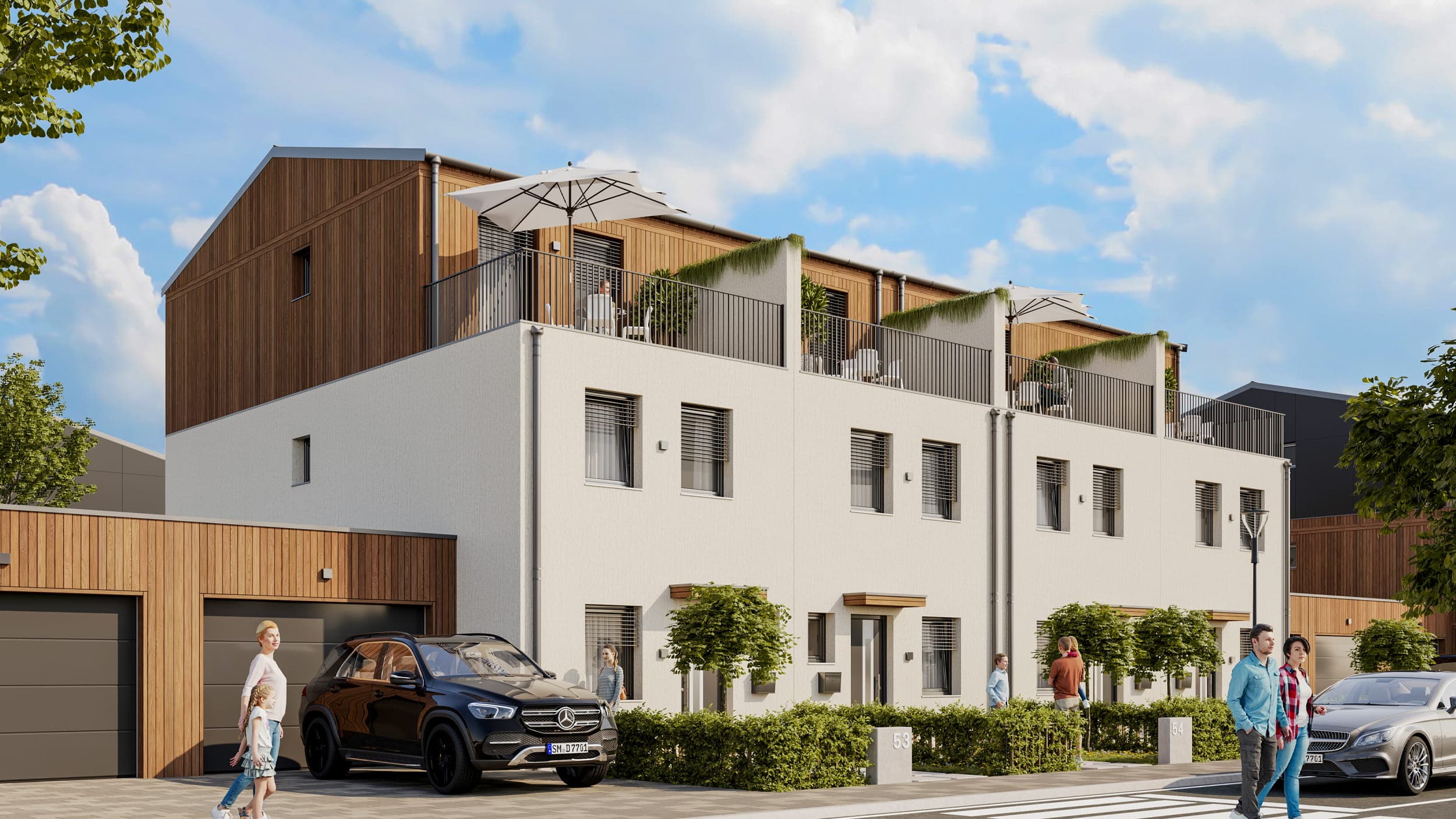 Multifamily double houses with modern apartment living and sustainable design