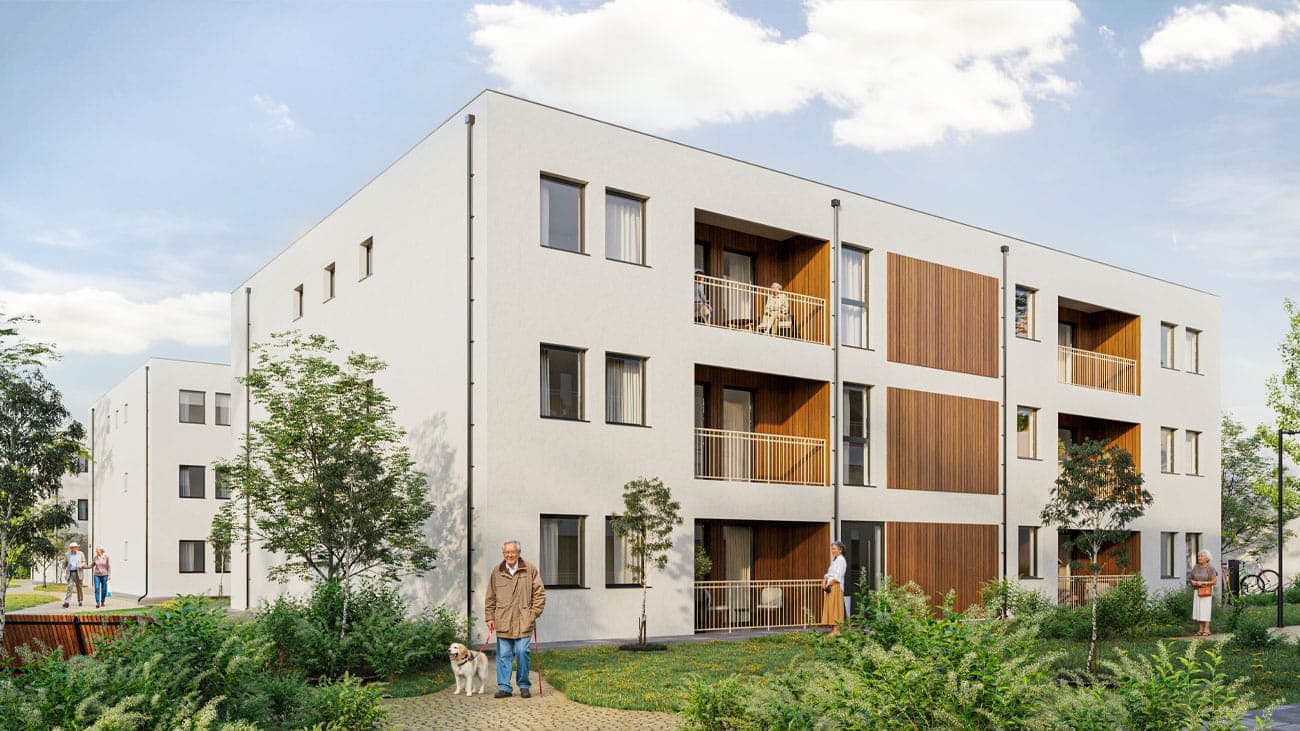 Affordable senior housing development with landscaped grounds