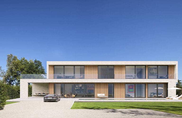 Signature home facade with HPL and wood finish