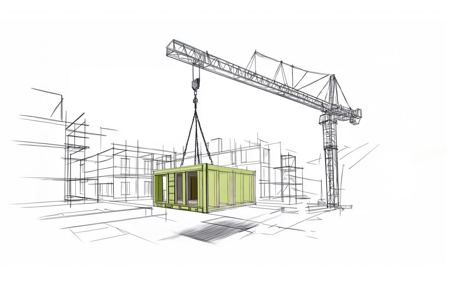 Technische Illustration eines Krans, der ein grünes Modul auf ein Gebäude hebt