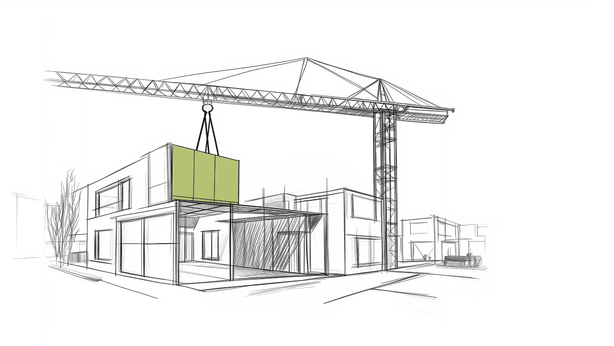 Technische Illustration eines Krans, der ein grünes Panel an einem Gebäude montiert