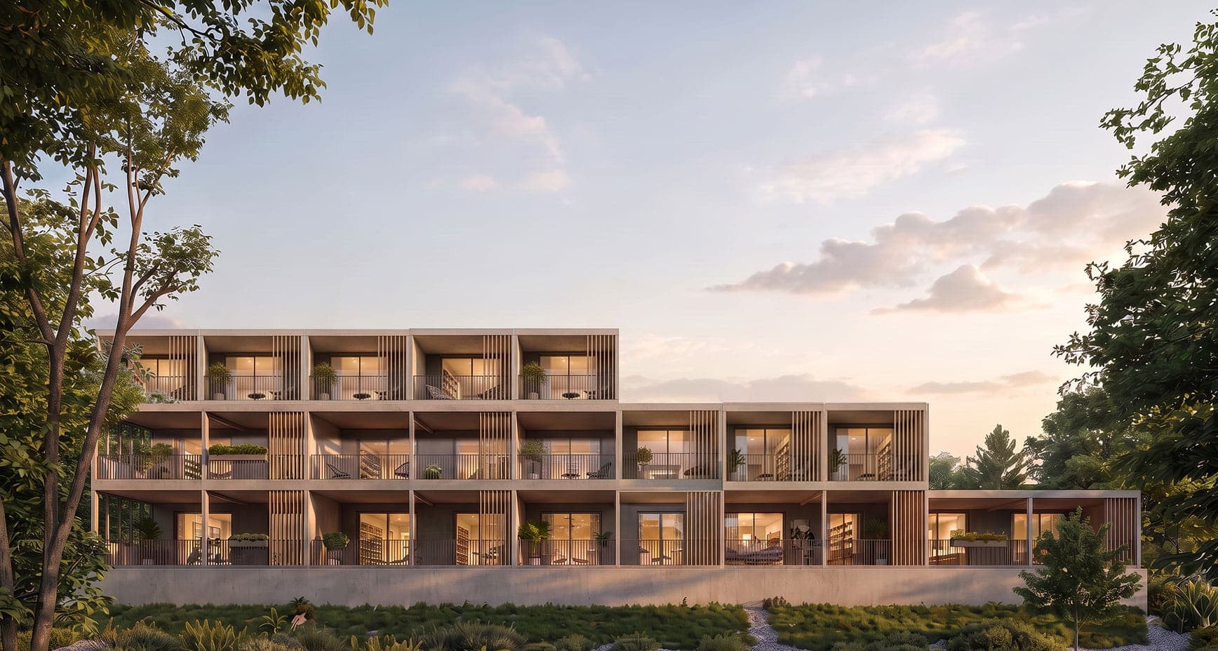 Fotorealistisches modulares POP UP Wohngebäude zwischen Bäumen in der Abenddämmerung