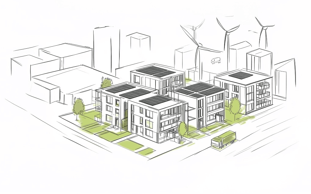 Technische Illustration nachhaltiger Gebäude mit Solarpanelen und Gründächern