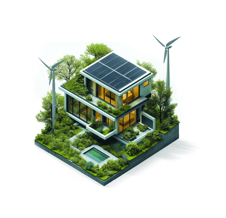 Isometric illustration of a sustainable InstaBuilt home with solar panels and green roofs