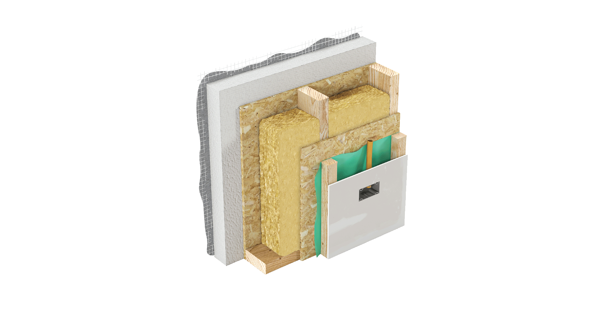 Exterior wall cross-section with eco-friendly facade layers