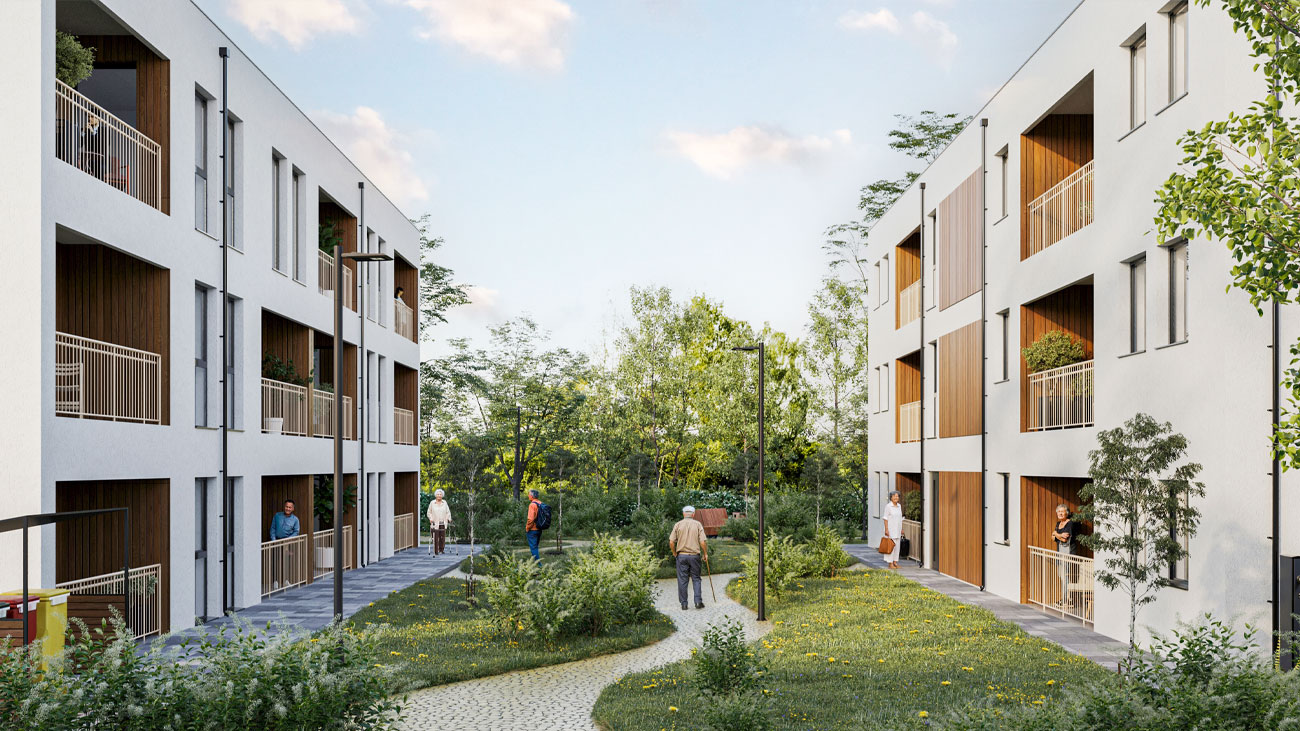 Modern senior living community with landscaped outdoor areas